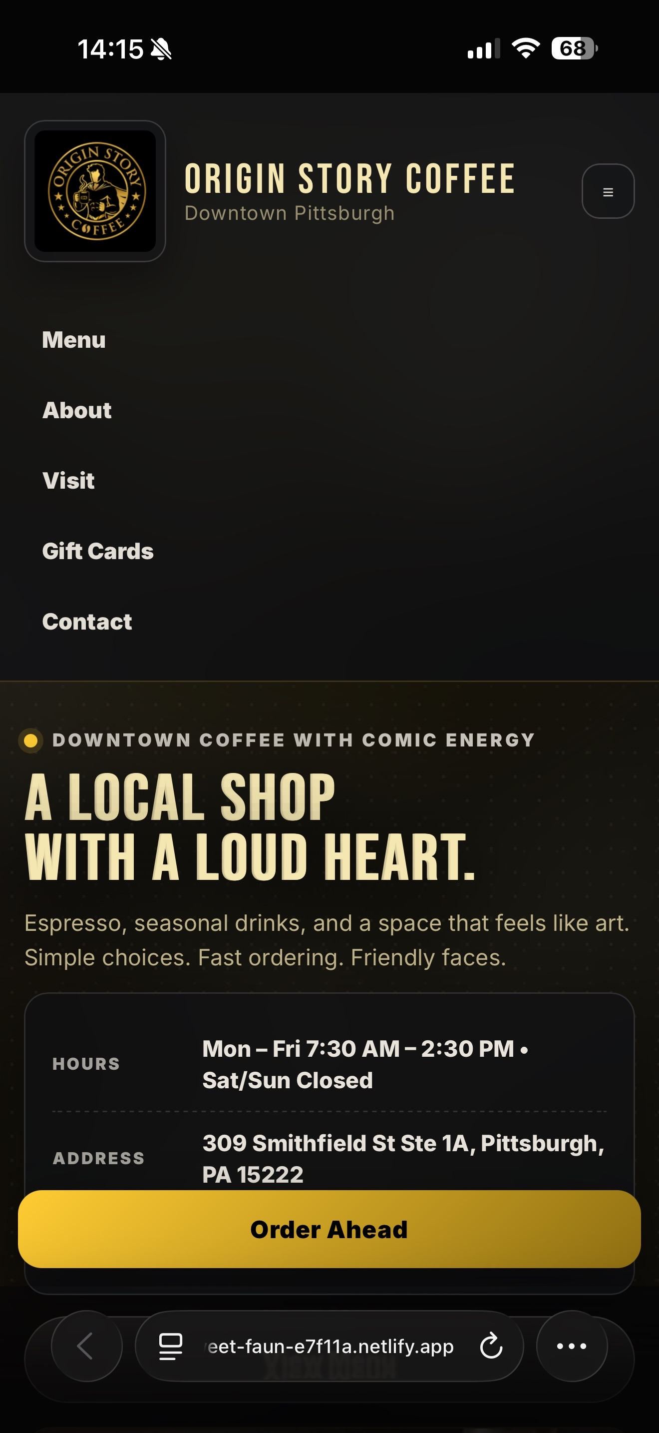 Mobile Origin Story Coffee expanded menu navigation concept